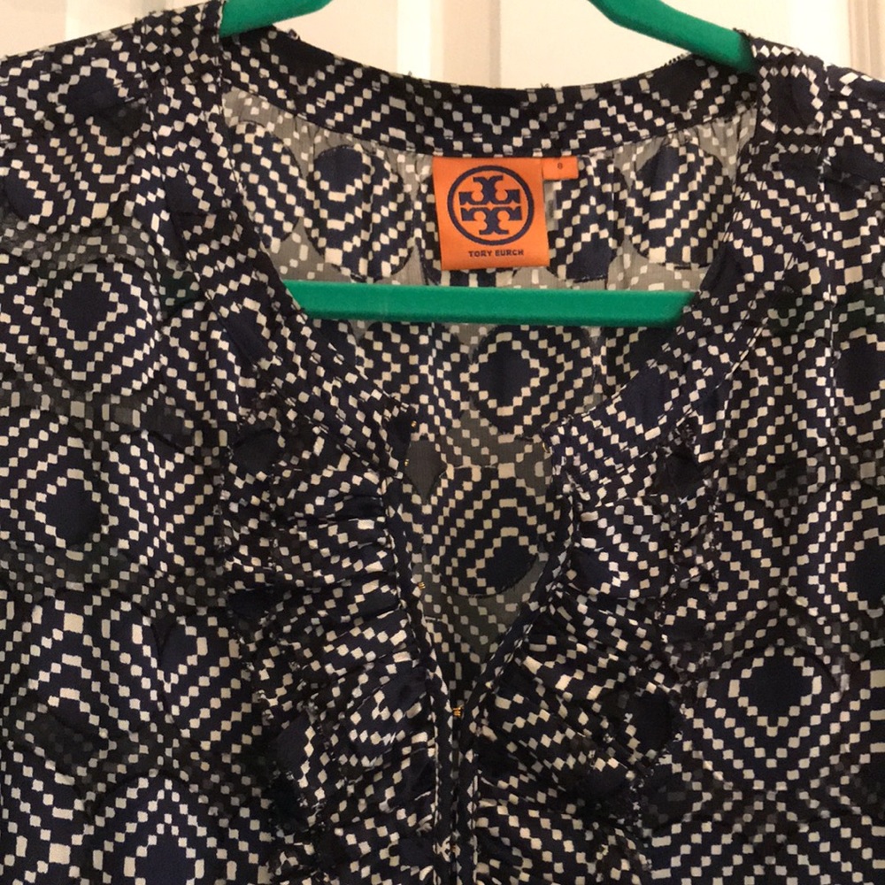 Tory Burch Ruffle Blouse Navy White Diamond Sheer Tunic Ruffle Blouse Shirt 8 - Picture 3 of 7